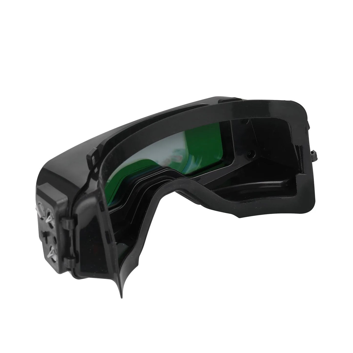 Black automatic welding mask with auto-darkening lens showing 122.5x35mm viewing area and dual sensors