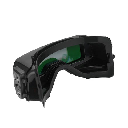 Black automatic welding mask with auto-darkening lens showing 122.5x35mm viewing area and dual sensors