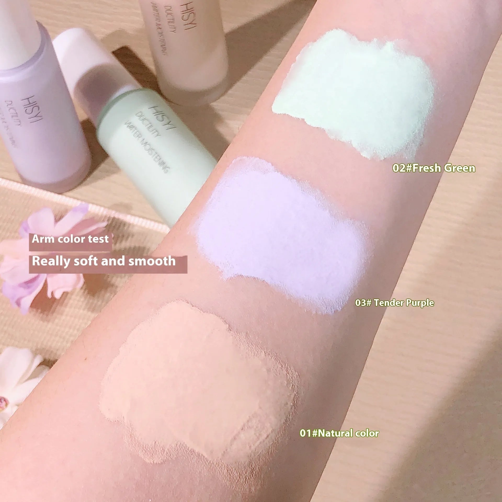 HISYI Silky Clear Makeup Primer bottle showing three shade options 01, 02, 03 for brightening skin.