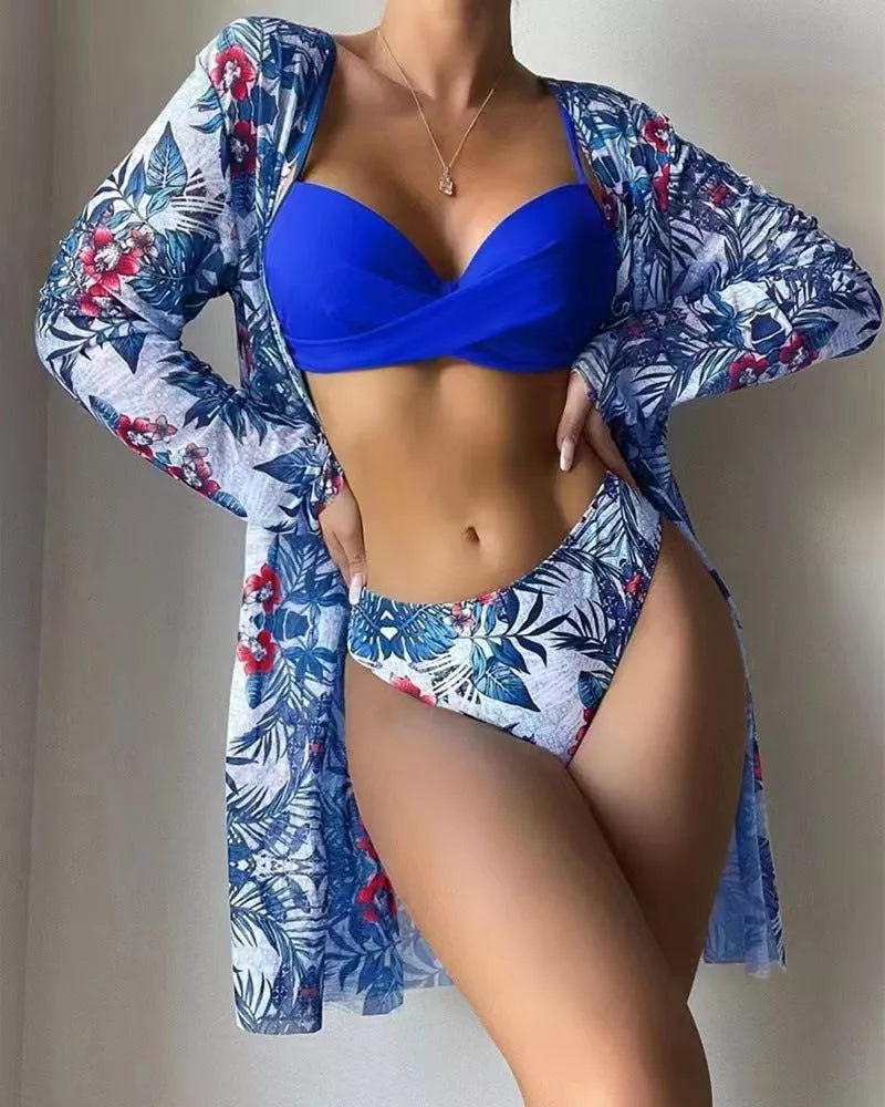 European and American three-piece swimsuit set in polyester for swimming and wading