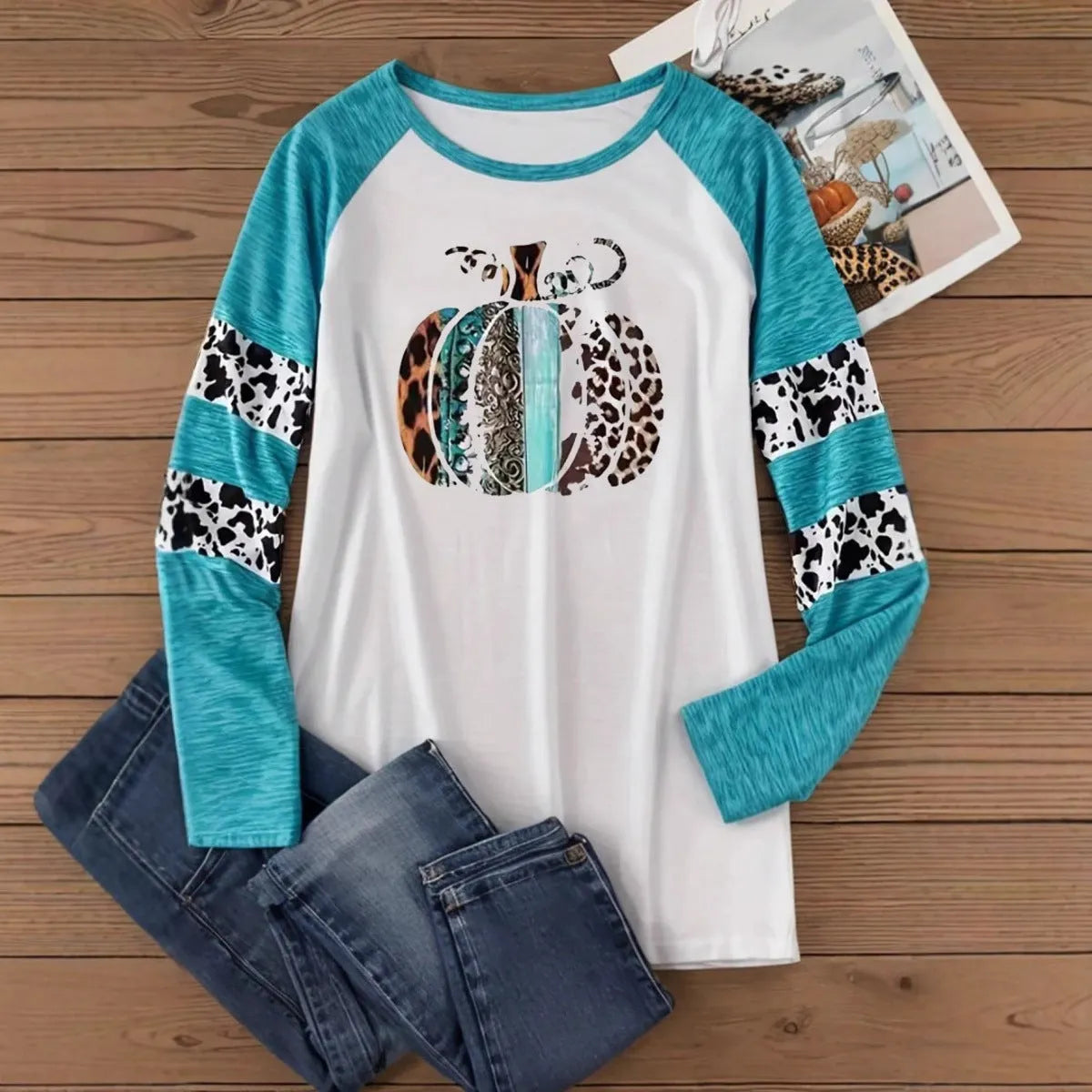Sky blue Halloween pumpkin 3D printed polyester T-shirt with long sleeves