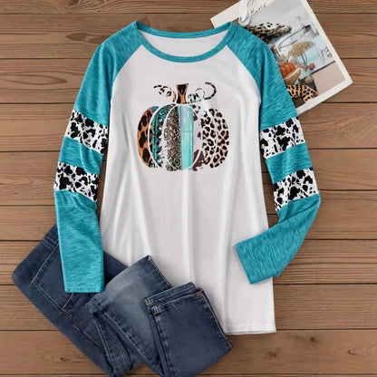 Sky blue Halloween pumpkin 3D printed polyester T-shirt with long sleeves