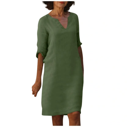 Retro cotton and linen V-neck dress with high waist and summer stitching in various colors