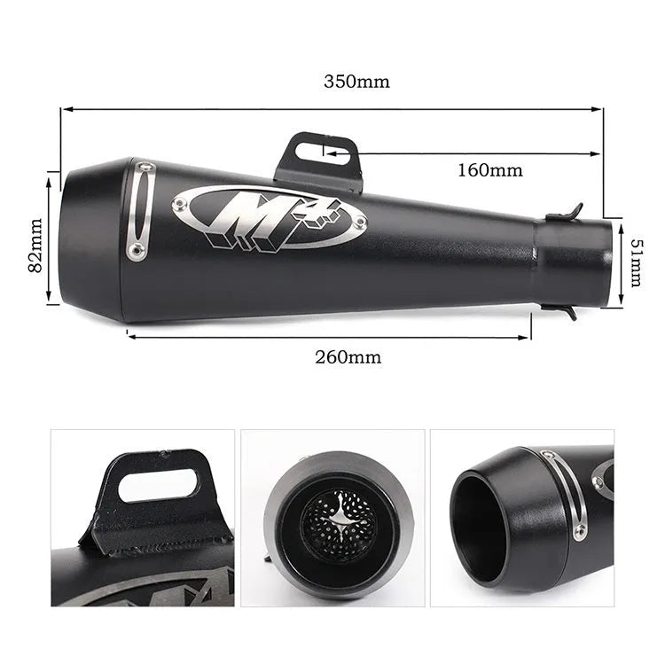 Universal M4 motorcycle exhaust pipe in various finishes including black, titanium, and half blue with back pressure options