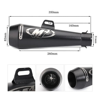 Universal M4 motorcycle exhaust pipe in various finishes including black, titanium, and half blue with back pressure options