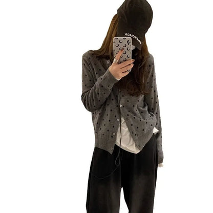 Women's gray dot knitted cardigan with viscose fabric, long sleeves, and crocheted flower details