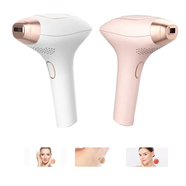 Pink and white laser hair removal device with ice-sensing technology, shaver attachment, and protective glasses