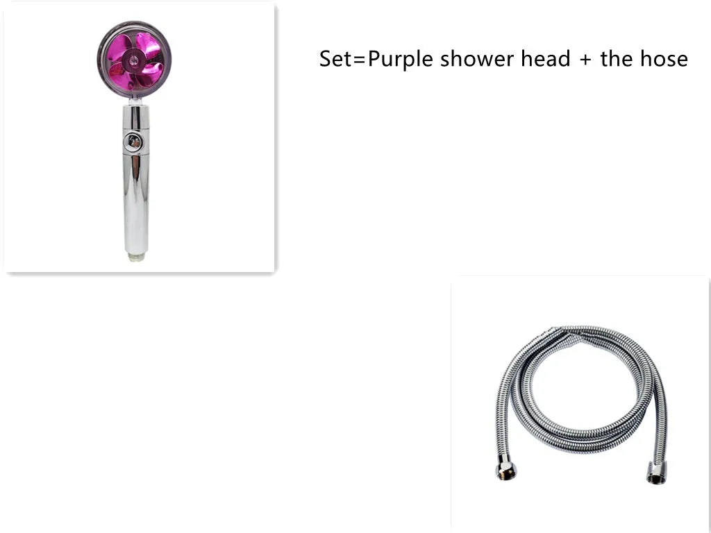 Chrome-finished ABS plastic water-saving shower head with a round, rotating spray head.