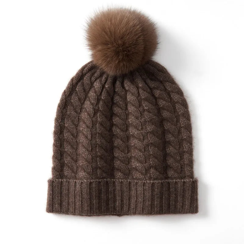 Women's cashmere knitted hat with fur ball in white velvet colour, average size, autumn winter accessory