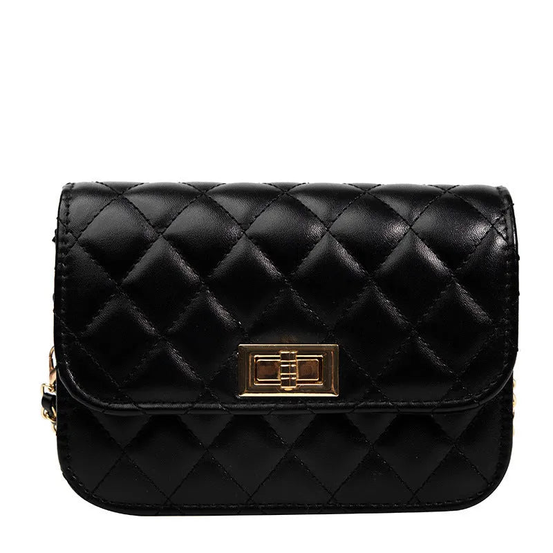 Women's Casual Diamond Chain Shoulder Messenger Bag in PU Leather with Sewing Thread Detail, Horizontal Square Shape, Available in Black or Beige, Large 18cm or Small 12cm