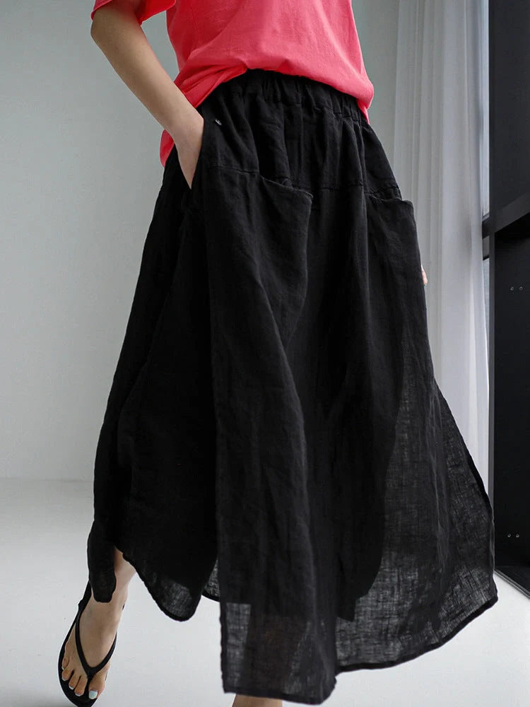 Elegant linen wide-leg culottes with double pockets in hemp and black colors