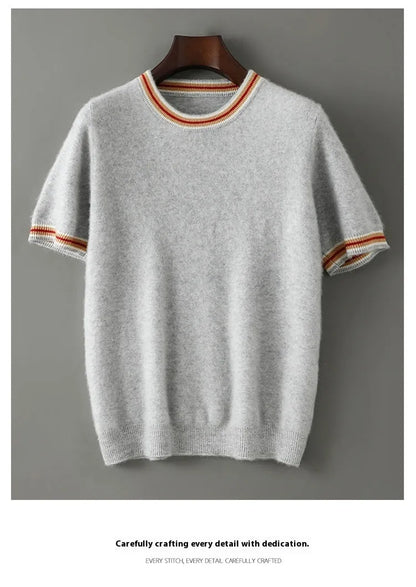 Men's round neck pure wool short sleeve sweater in grey showing 50cm length and regular sleeve design