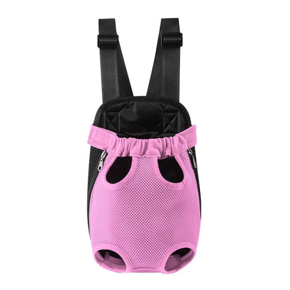 A small dog in a front-worn nylon carrier backpack with mesh panels, adjustable straps and side zips.