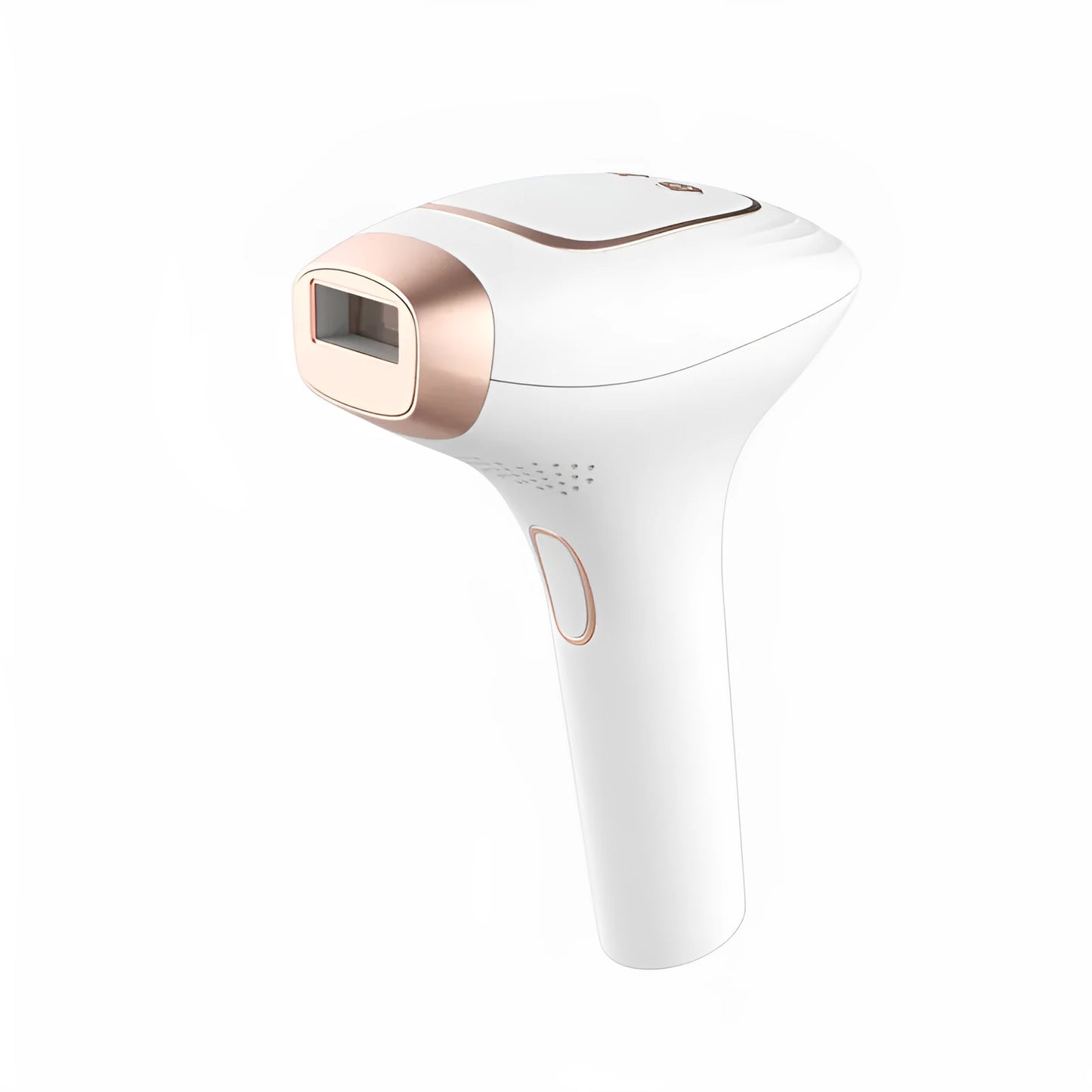 Pink and white laser hair removal device with ice-sensing technology, shaver attachment, and protective glasses