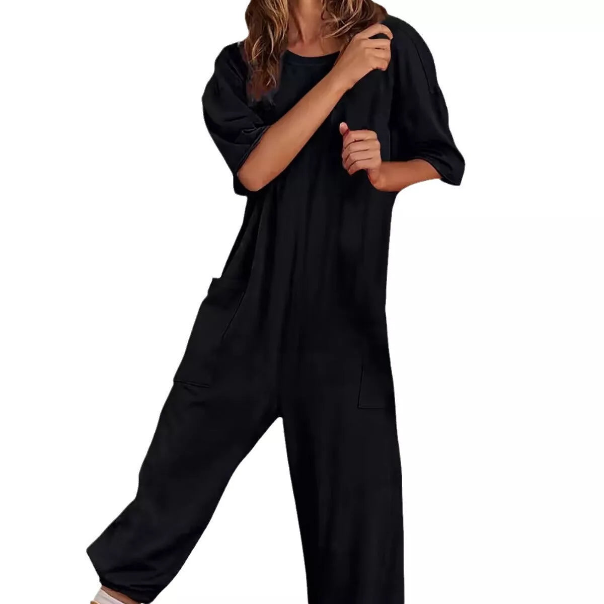 Women's Stretch V-neck Jumpsuit with pockets in gray, brown, green, white, and black