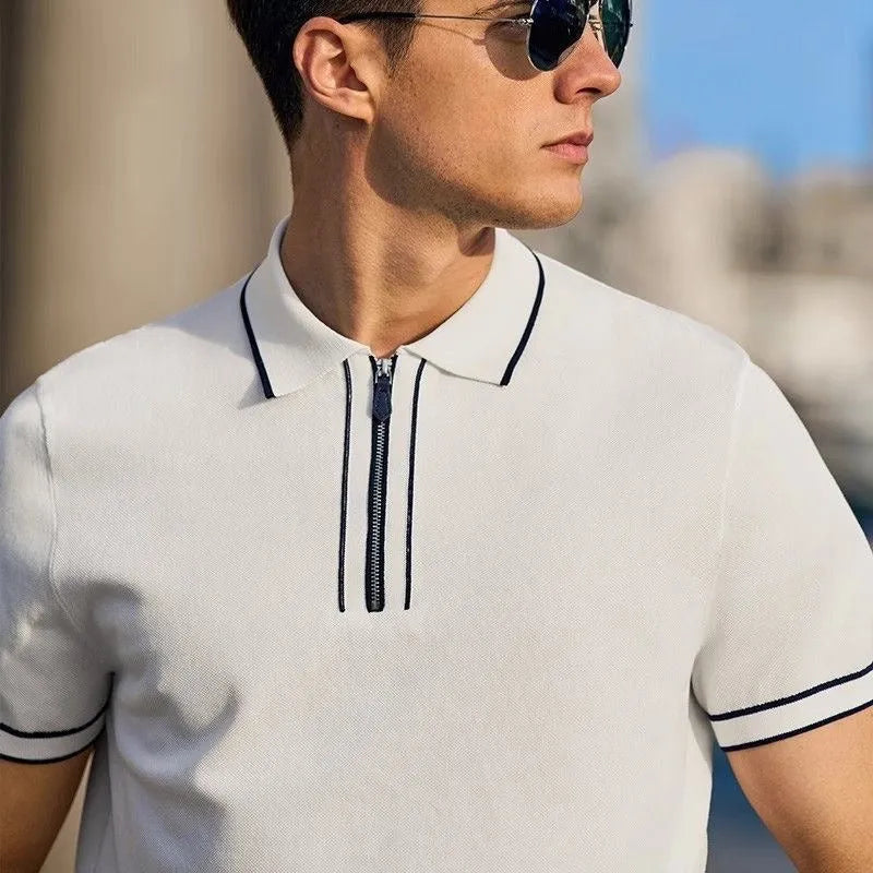 Men's casual zipper polo shirt, short sleeve cotton blend top, white or black, sizes M to XXXL