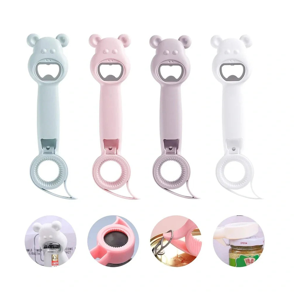 Bear-shaped 4-in-1 stainless steel bottle opener in gray blue, 21 cm long for jars cans and beers