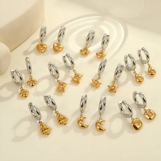 Stainless steel Christmas tree earrings with 18K gold electroplating in heart and star shapes