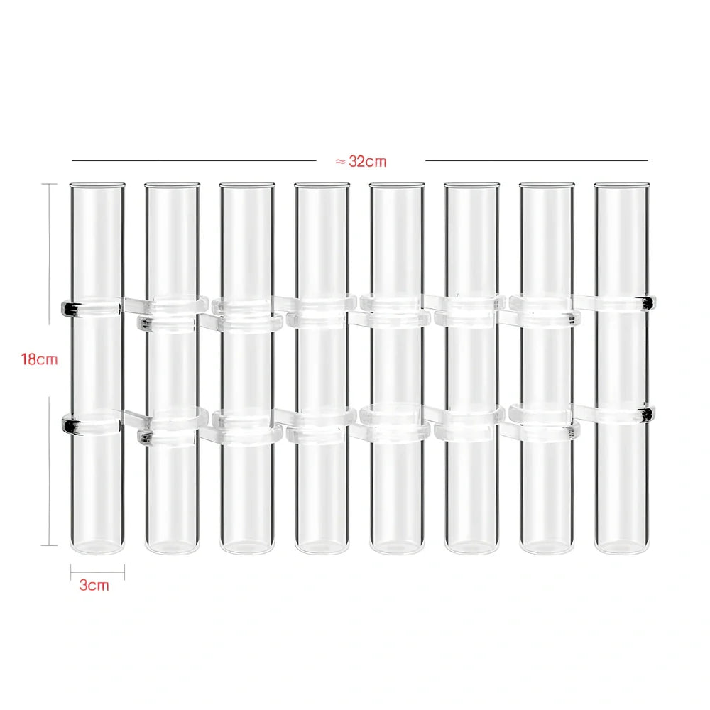 Clear glass hinged test tube vase with plants in curved arrangement