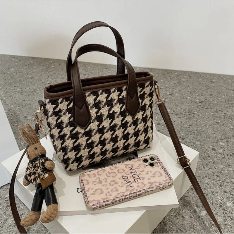 Premium Houndstooth Crossbody Bags for Women - Stylish Wool Handbag with Adjustable Strap and Spacious Main Compartment