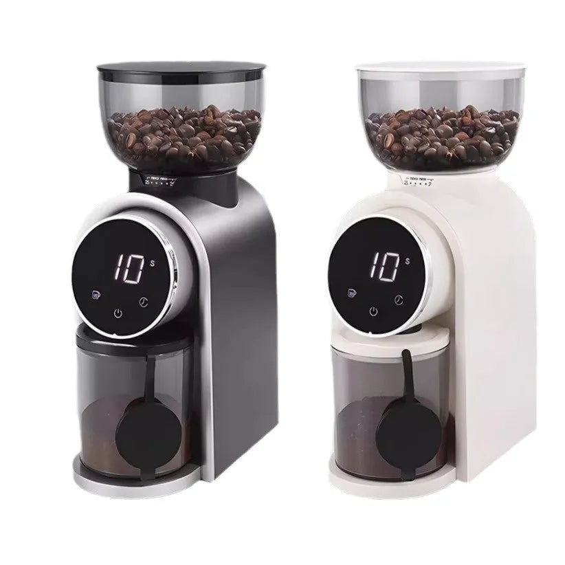 Smart electric coffee grinder in black or white with adjustable scale, plastic body, HB583 or HB683 model options