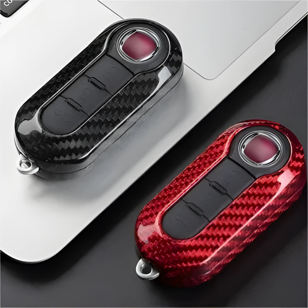 Xiang carbon fibre and glass fibre replacement key shell for car key fobs in black, red, and silver black.