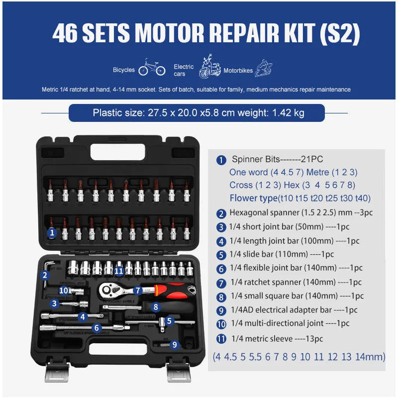 46-piece socket ratchet wrench set with Cr-V steel construction and 72-tooth ratchet mechanism for DIY repairs