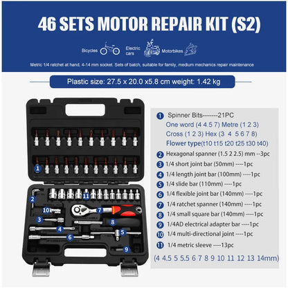 46-piece socket ratchet wrench set with Cr-V steel construction and 72-tooth ratchet mechanism for DIY repairs