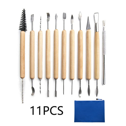 11-piece pottery clay tool set with wooden and stainless steel tools on a table.