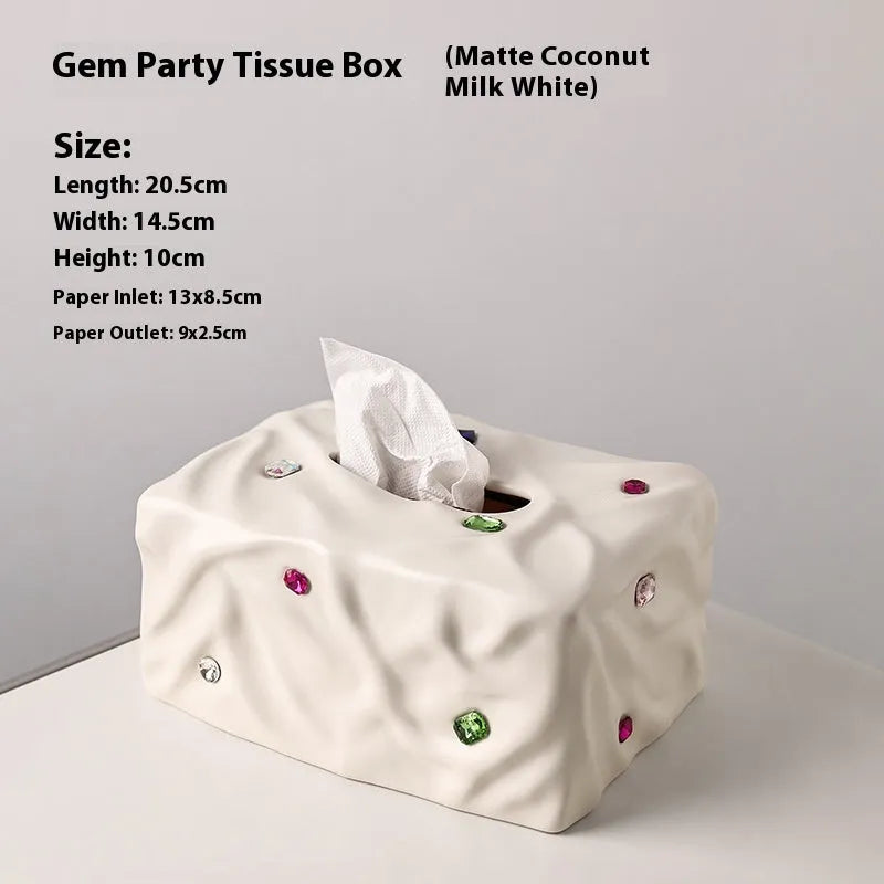Ceramic tissue box with gem party design in matte white or silver finish