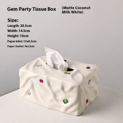 Ceramic tissue box with gem party design in matte white or silver finish