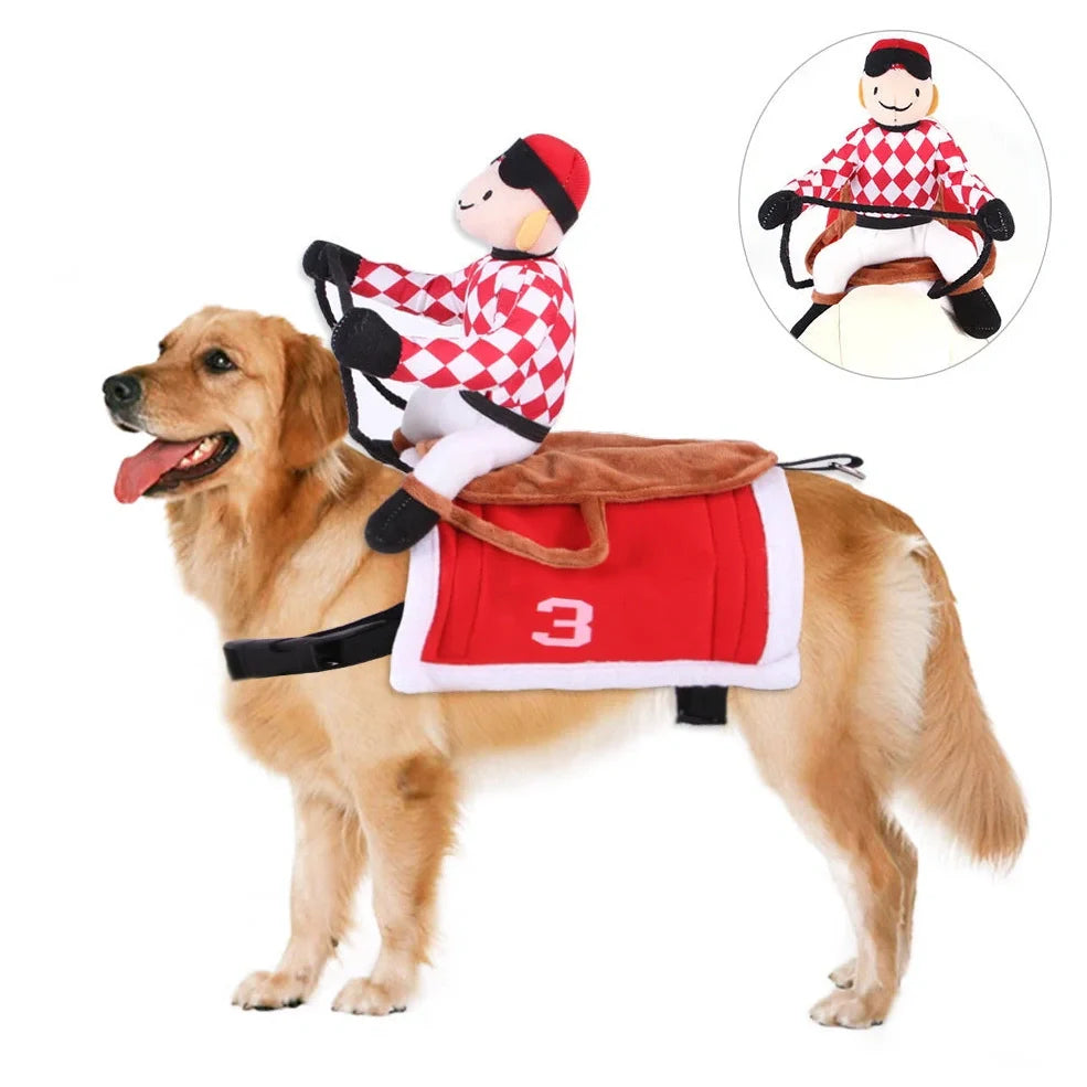 Pet wearing cartoon cowboy costume with knight-style design and matching hat, showing multiple colour options