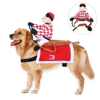 Pet wearing cartoon cowboy costume with knight-style design and matching hat, showing multiple colour options