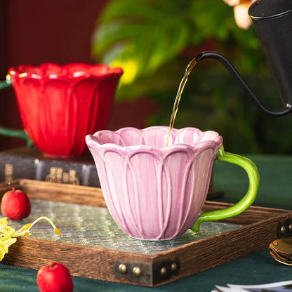 Ceramic breakfast cup with floral pastoral design holding 500ml capacity for tea or coffee