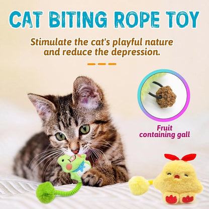 Set of plush animal cat toys with silvervine fruit, a long flexible spring, and a fuzzy ball for interactive play.