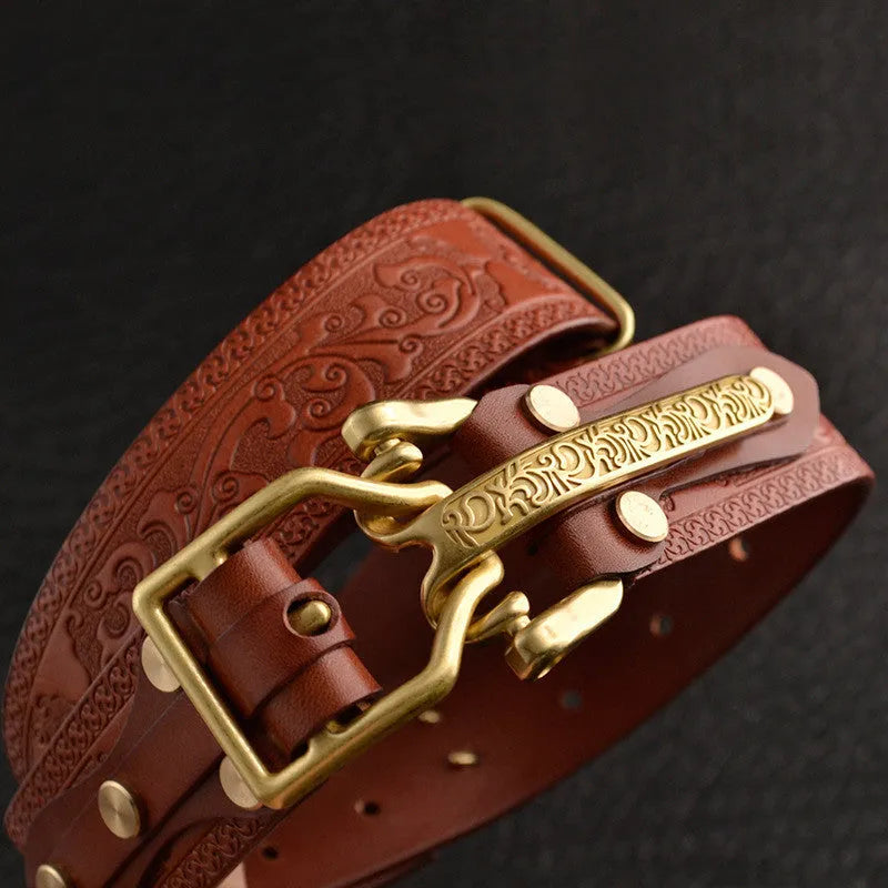 Men's leather belt with woven pattern and embossed buckle head, available in reddish brown and yellow brown