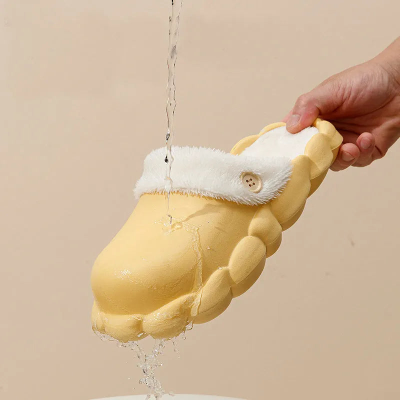 Waterproof EVA winter slippers with plush lining, detachable overshoes in pink, yellow, green, grey, black.