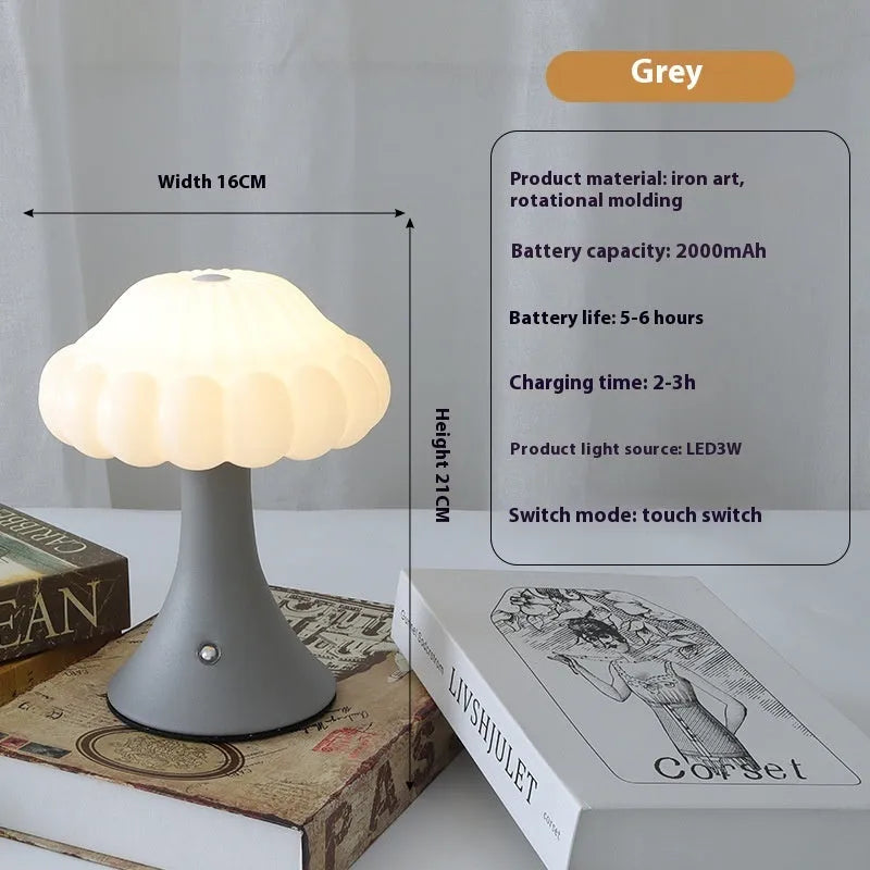Mushroom-shaped touch lamp with USB charging port, 16cm diameter, in wood grain finish