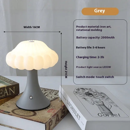 Mushroom-shaped touch lamp with USB charging port, 16cm diameter, in wood grain finish