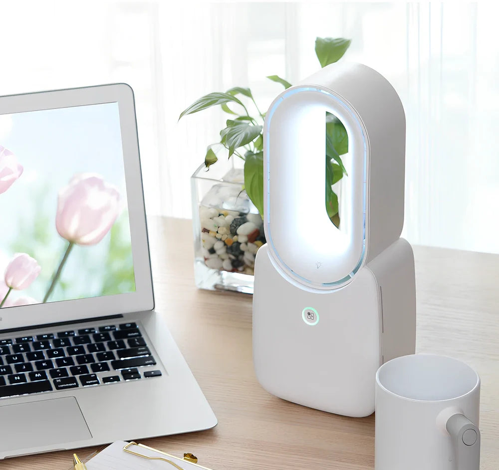 Pink USB charging bladeless desk fan, 119×128×304mm portable size with touch screen and 2200mAh battery for quiet office cooling