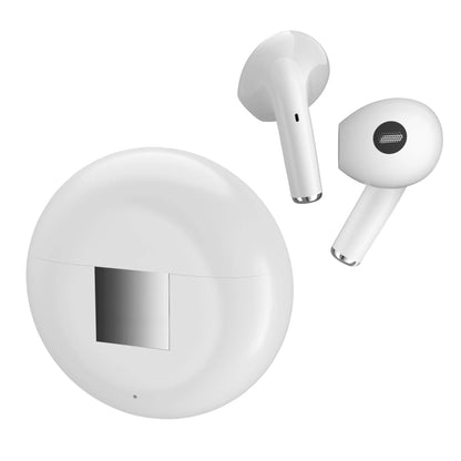 White Wireless Budz5 semi-in-ear Bluetooth headset with charging compartment, showing V5.1 technology and 24-hour battery life