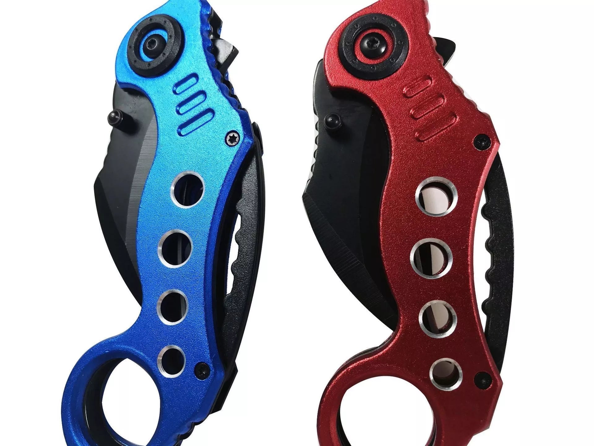 Stainless Steel Outdoor Folding Claw Knife with black, blue, and red handle options