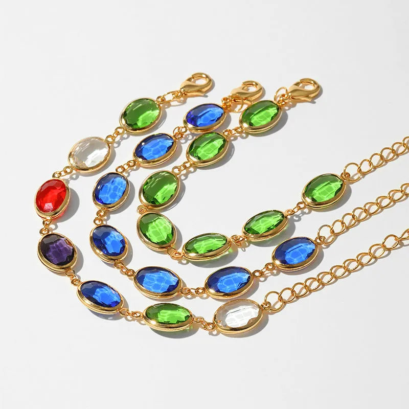 Women's bracelet in 18K copper with geometric shape and glass inlay, featuring ellipse design elements available in blue, green, or multicolour glass options for fashion or OL style wear