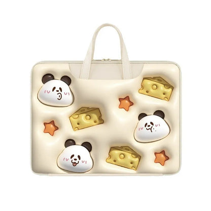 PU leather inflatable laptop bag with strap, shown in a cartoon pattern design, hanging from a suitcase handle.