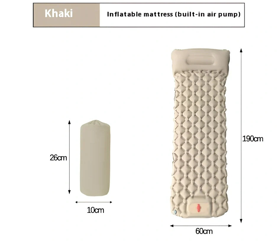 LT-88 navy blue inflatable sleeping pad showing 190cm length and integrated foot strap pillow design