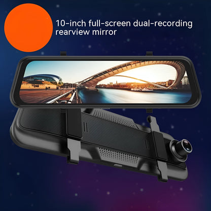 Black 10-inch touchscreen car driving recorder integrated into a rearview mirror design