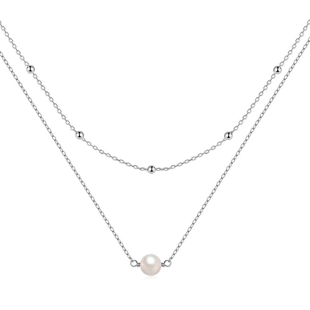S925 sterling silver double layer necklace with twin pearls and geometric pendant in gold or white gold colour