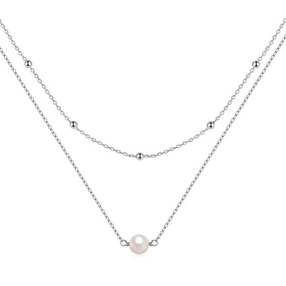 S925 sterling silver double layer necklace with twin pearls and geometric pendant in gold or white gold colour