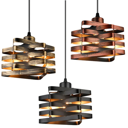 American vintage iron pendant lamp in black, gold, or red rust finish with adjustable height mechanism