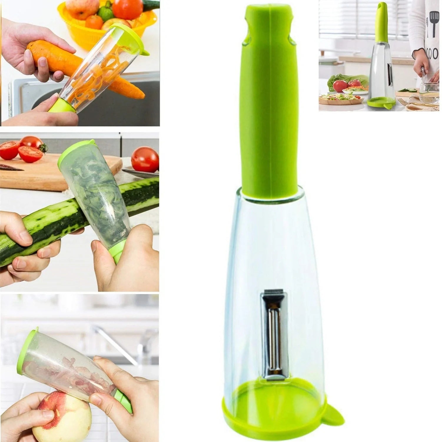 Multifunctional peeler with stainless steel blade and green storage box